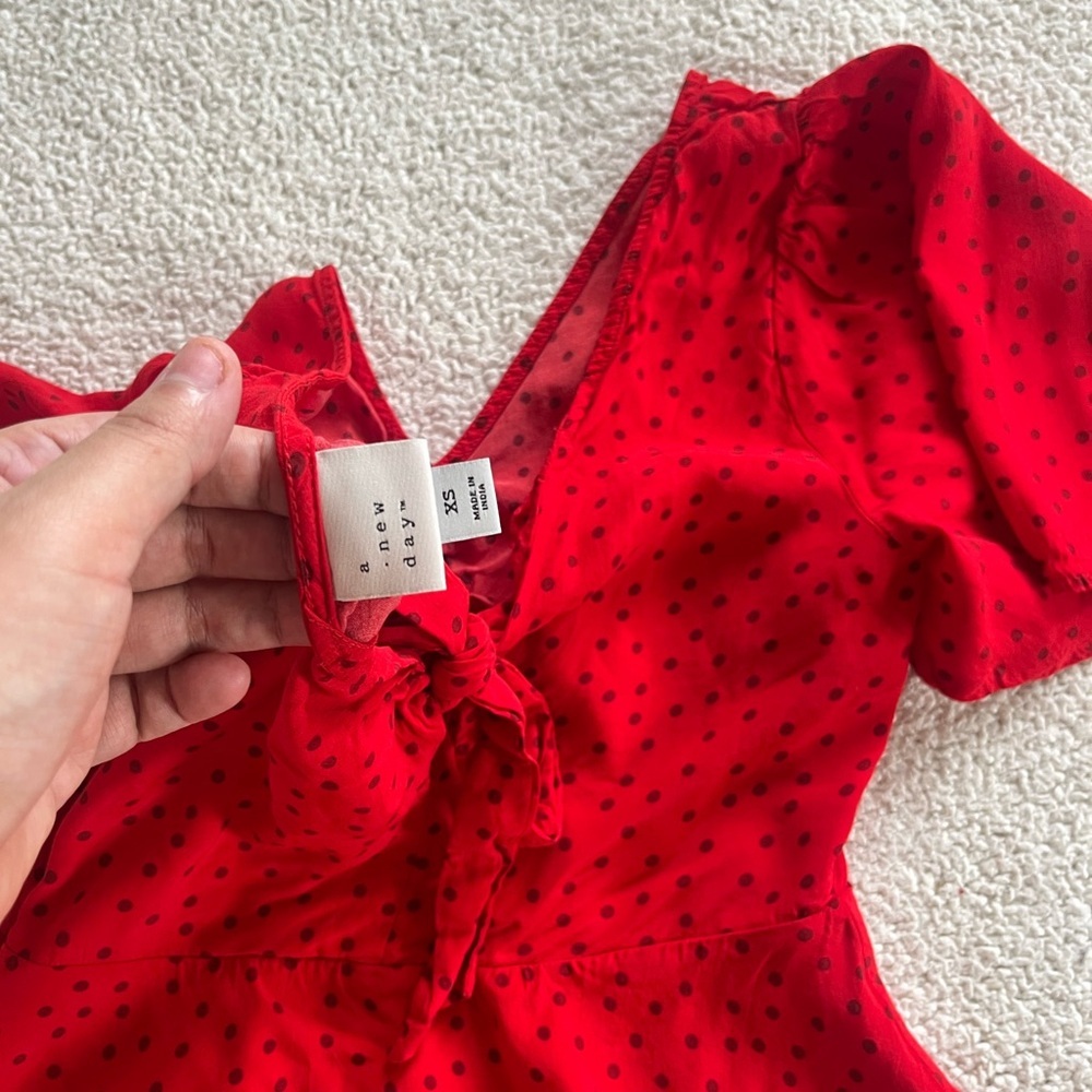 a new day romantic cottage vibrant Red and Black Polka Dot Blouse XS - Picture 5 of 12